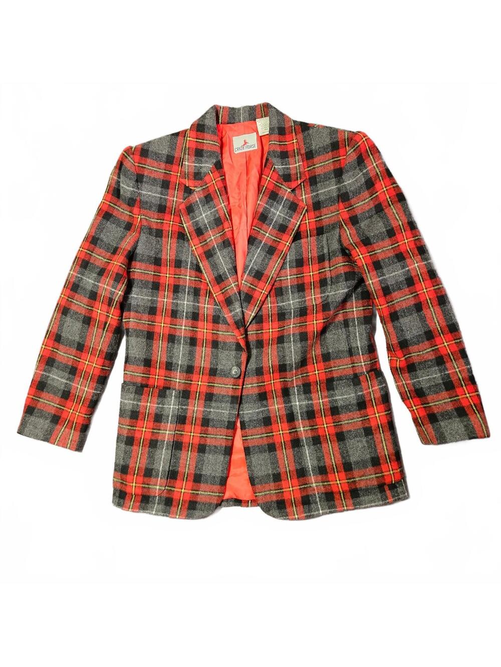 Vintage Crazy Horse Womens Medium Red Black Plaid Wool Blend Blazer Classic Warm